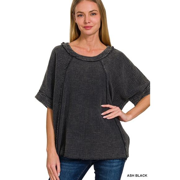 ZENANA-Washed double gauze raglan sleeve shirt - Picture 1 of 1